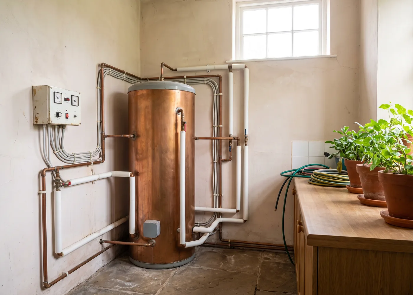 A domestic plant room with cylinder and insulated pipework