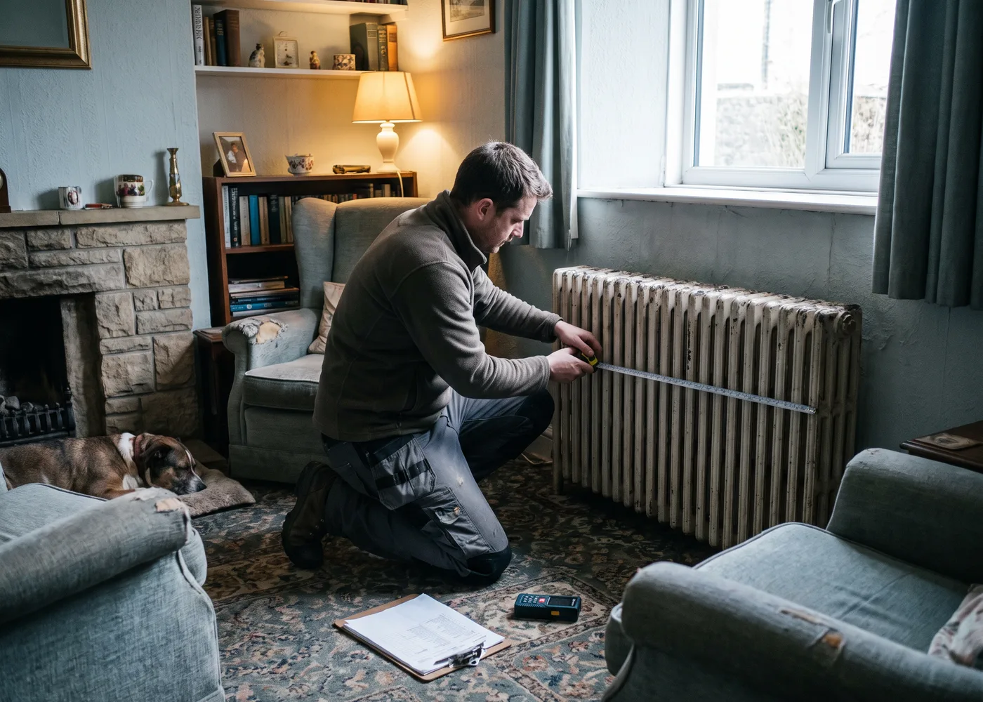 An engineer measuring a radiator during a heat loss survey